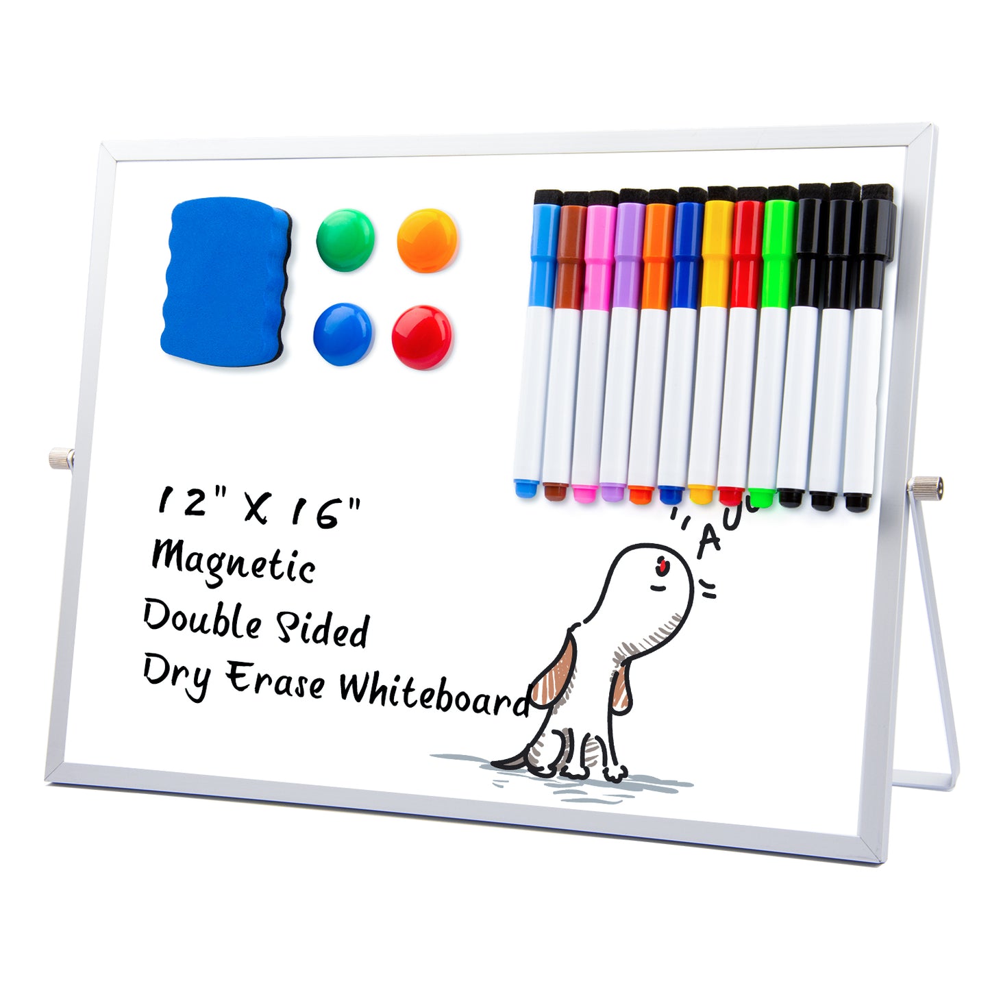 Dry Erase White Board, 16" X 12" Large Double Sided Desk Top Whiteboard with Stand, 12 Markers, 4 Magnets, 1 Erase, Portable Wall Mount Magnetic White Board for Kids Students Home Shops Offices…